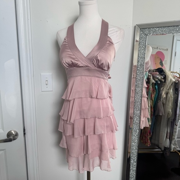 Y2K ballet Pink Halter Dress ruffled coquette Fairycore S luxury prairie western - Picture 2 of 6